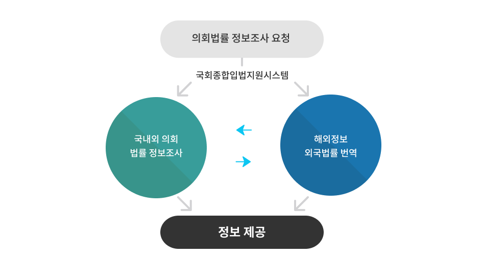 의회법률 정보조사 요청→국회종합입법지원시스템→국내외 의회법률 정보조사↔해외정보 외국법률 번역→정보 제공